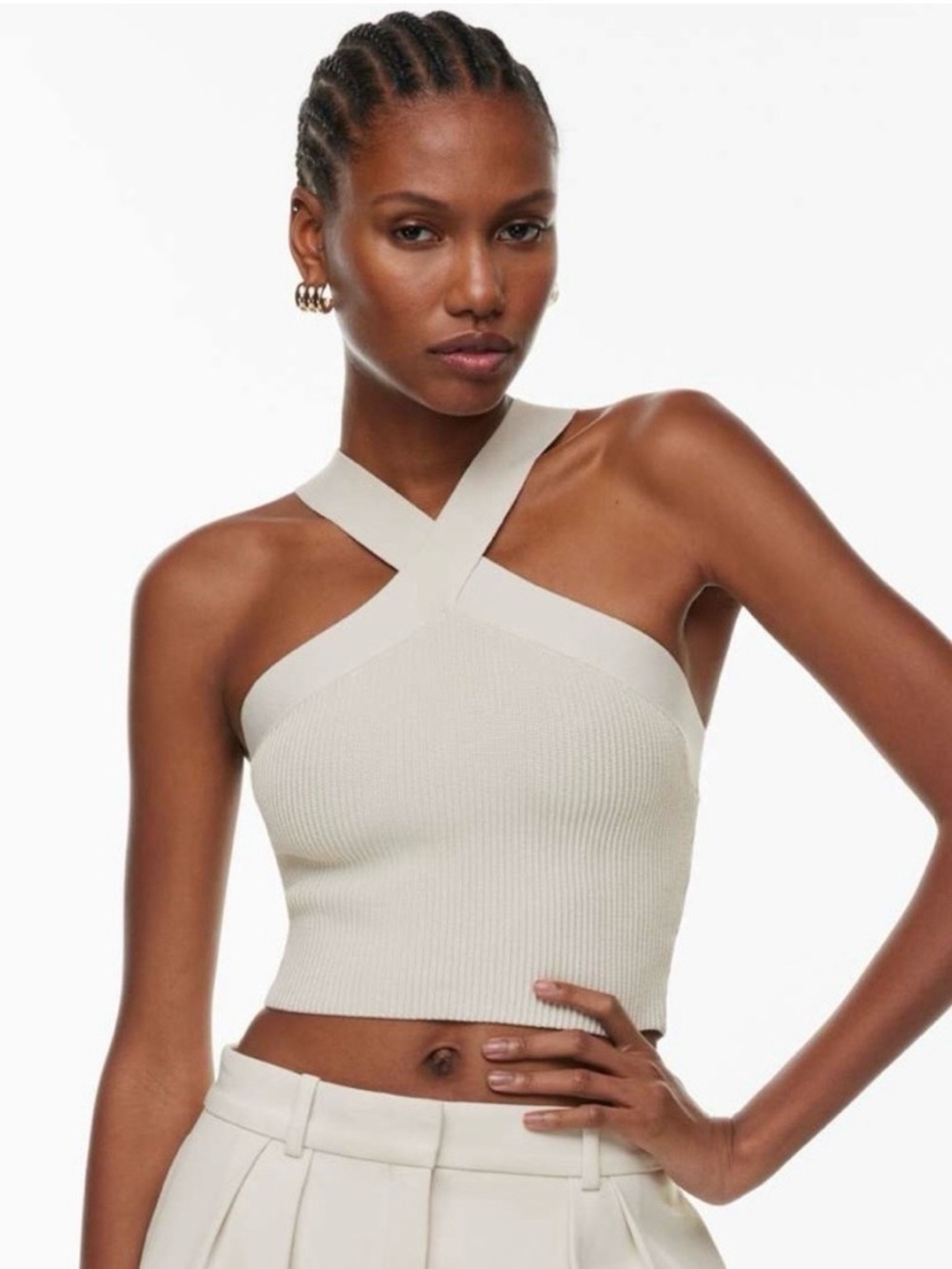 Aritzia Babaton Sculpt Knit Criss Cross Cropped Tank Top Beige XS